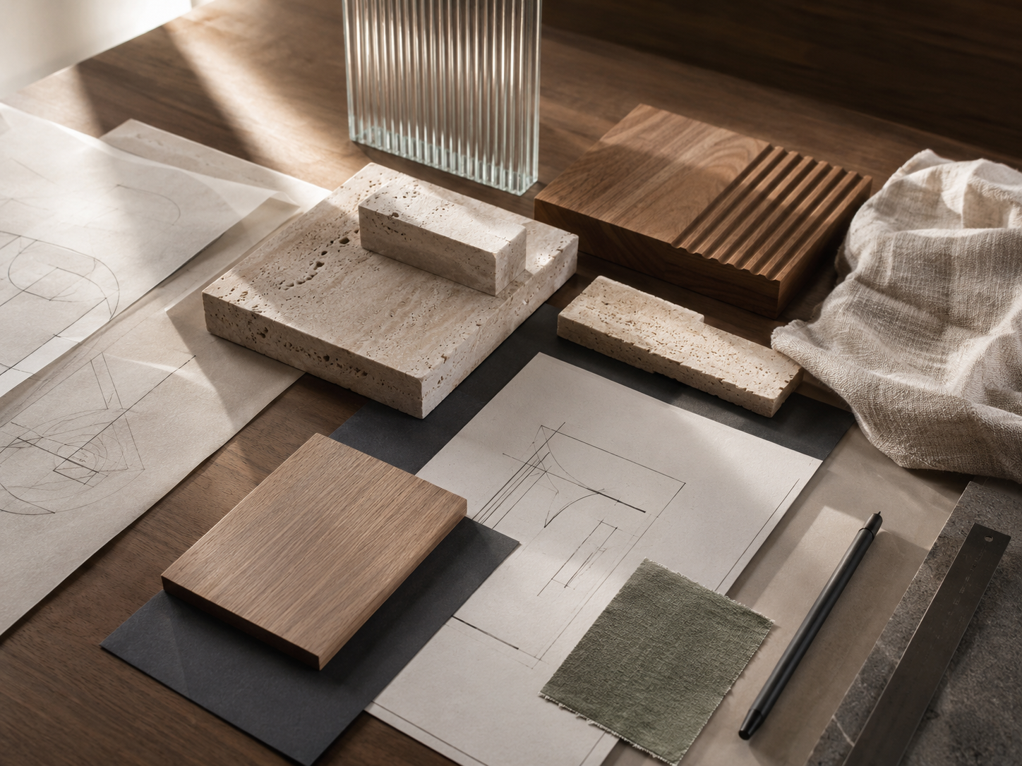 Composição editorial conceitual de materiais, amostras e instrumentos de projeto