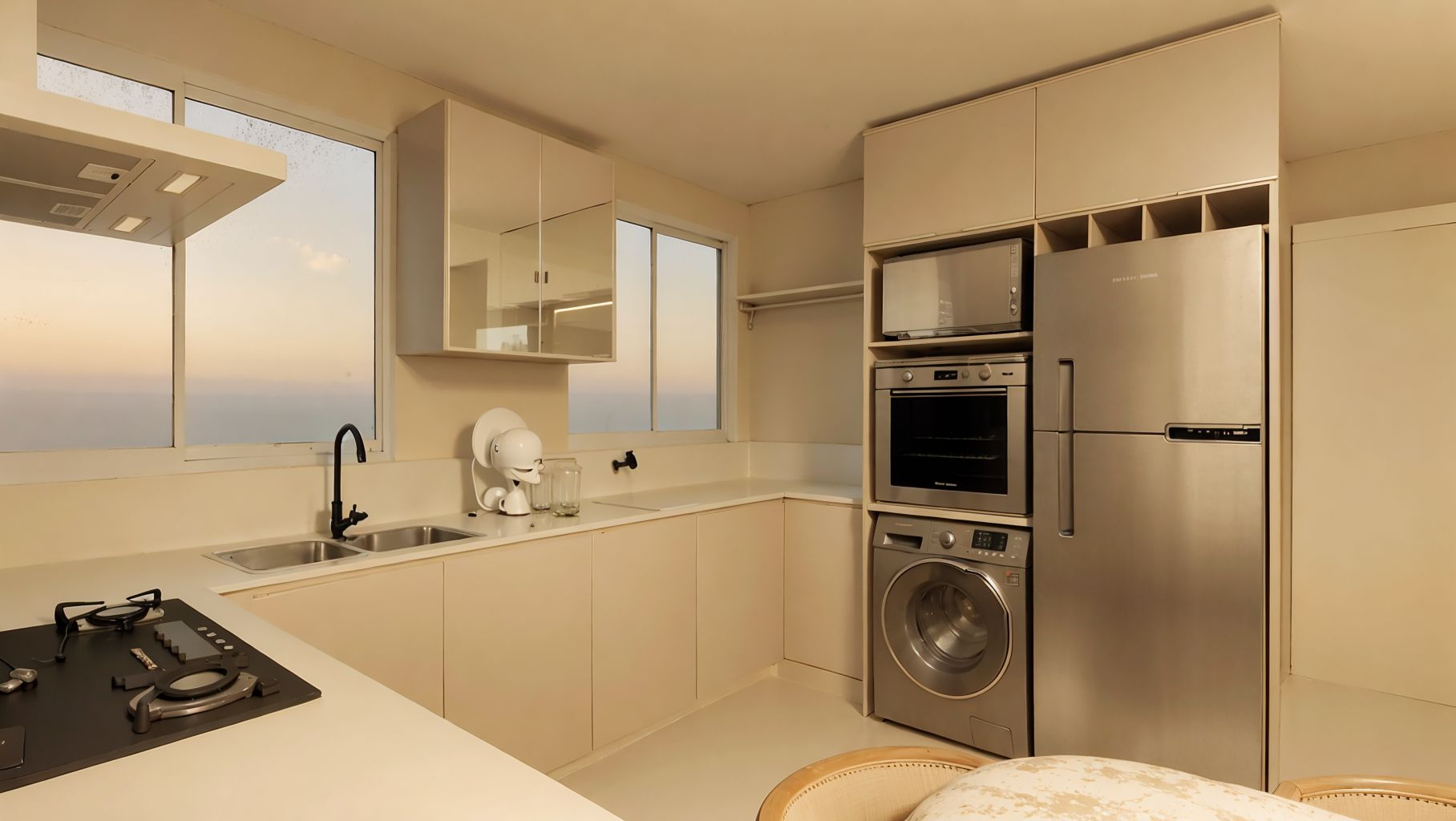 Cozinha de apartamento contemporâneo em tons naturais